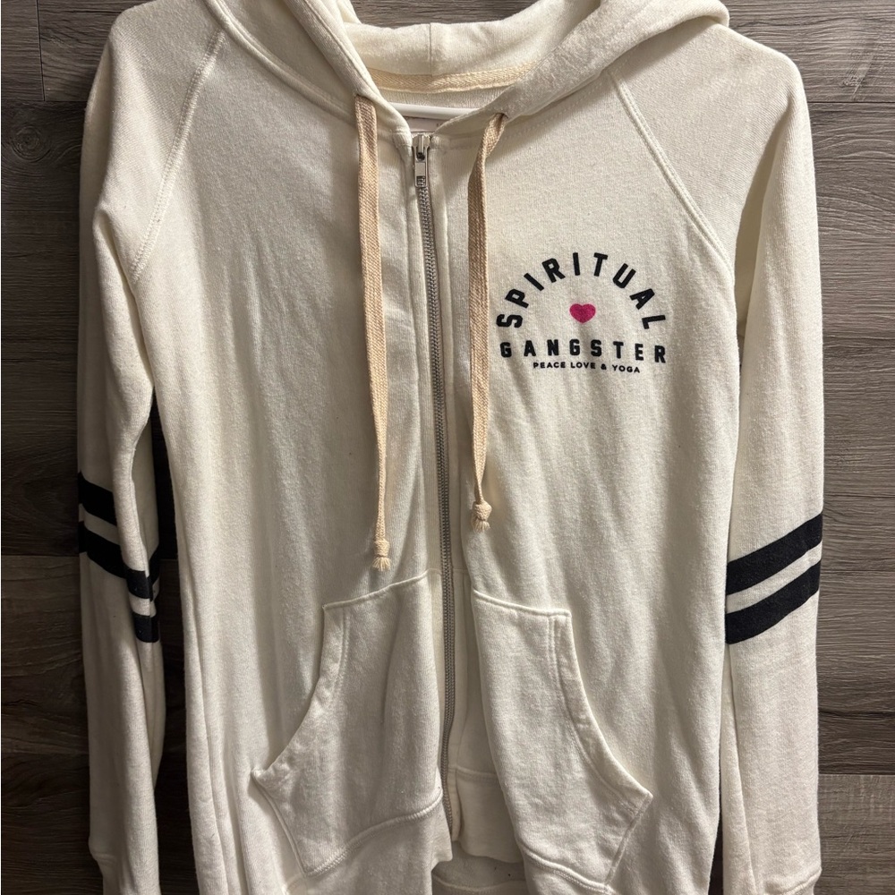 Spiritual Gangster Cream Zip-Up Hoodie with Black Accents
